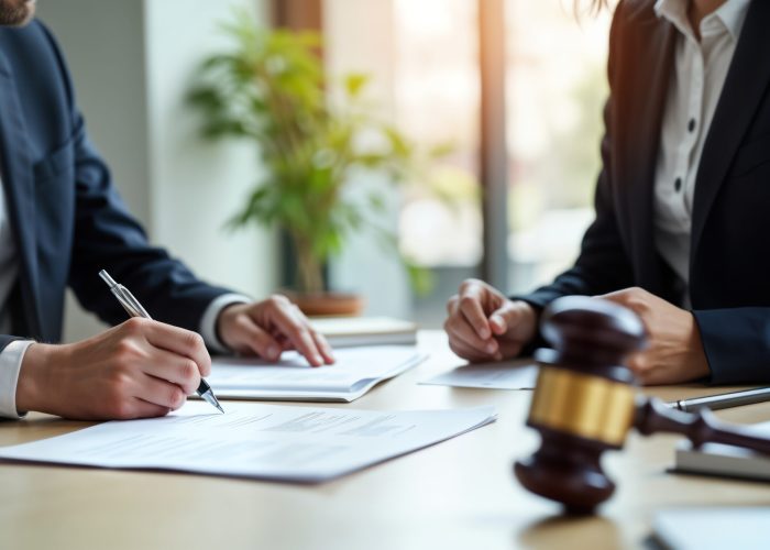 Business partners sign legal documents at office desk. Barrister helper checks terms of agreement, explains to boss. Collaboration in law firm. Important contract signing. Formal meeting. Legal Business partners sign legal documents at office desk. Barrister helper checks terms of agreement explains to boss. Collaboration in law firm. Important contract signing. Formal meeting. Legal